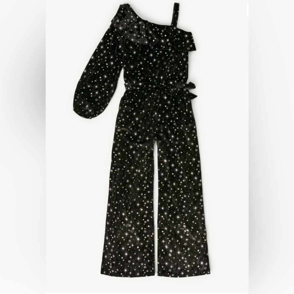 Justice Girls‎ Black Silver Star Print One Shoulder Jumpsuit Size 7/8 NWT